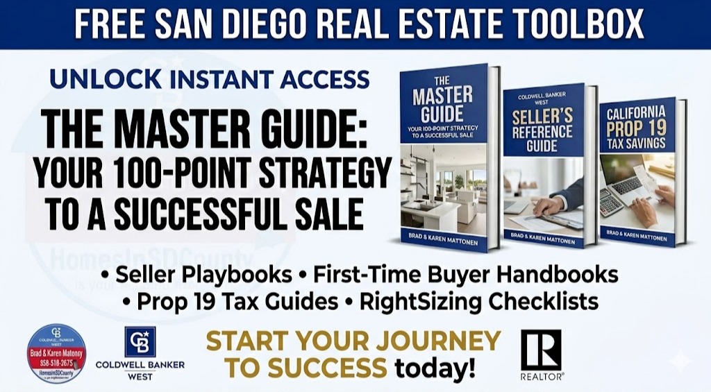 Free San Diego Real Estate Resource Toolbox featuring 100-Point Selling Strategy and Prop 19 Guide from Brad & Karen Mattonen.